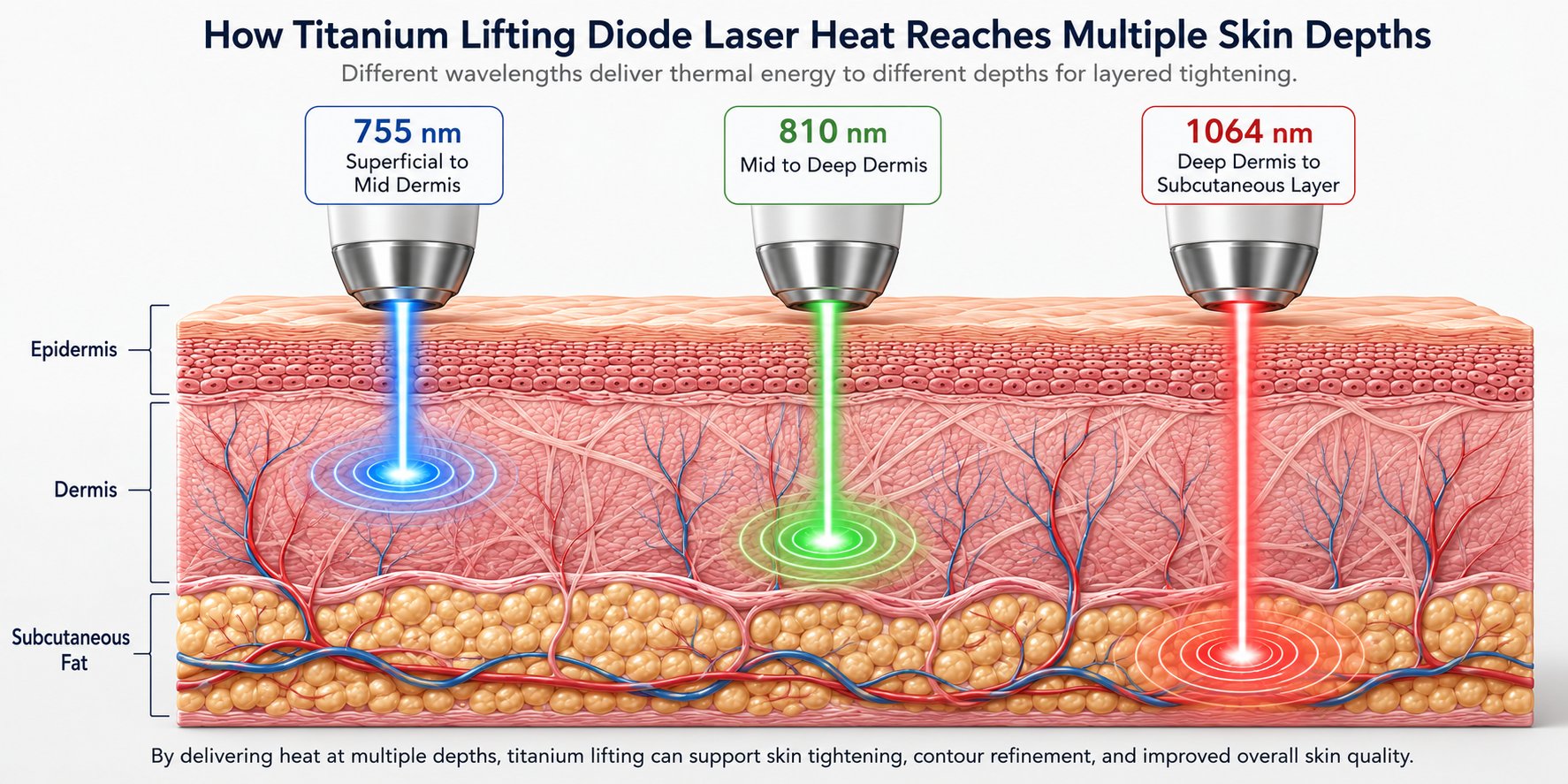 Diagram showing how titanium lifting diode laser heats multiple skin layers to stimulate collagen