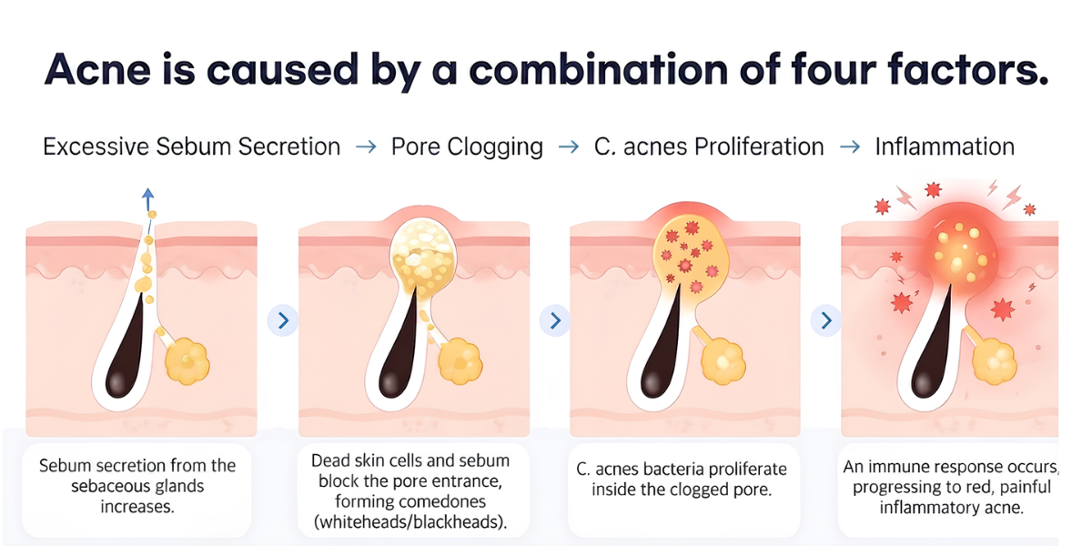 Diagram of what causes acne breakouts: oil, blocked pores, bacteria, and inflammation