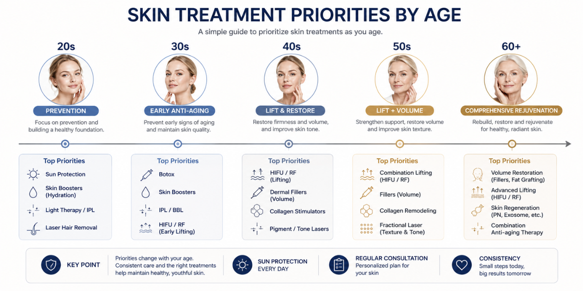 Diagram of anti-aging skin priorities by decade: 30s prevention, 40s early lifting, 50s combined plans