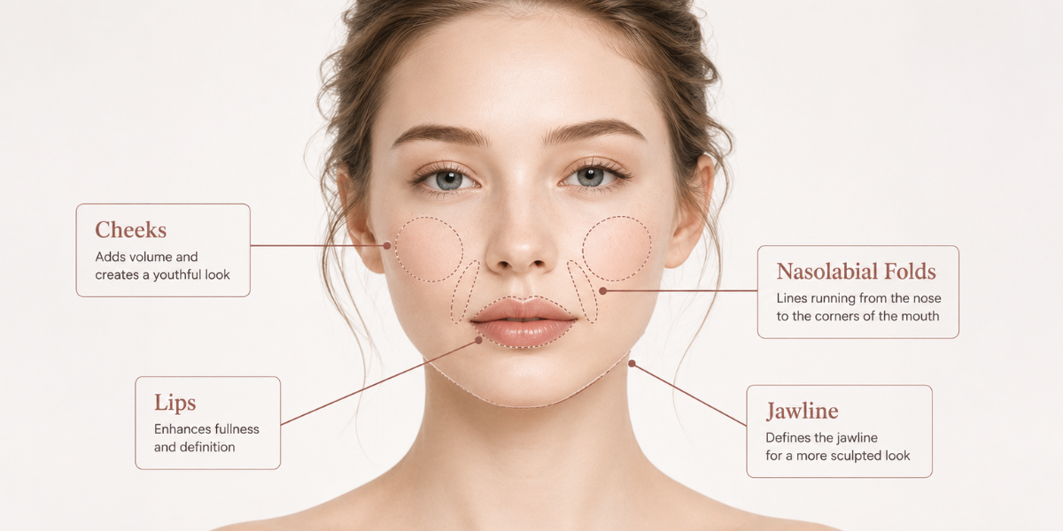 Common dermal filler areas: cheeks, jawline, lips, and nasolabial folds