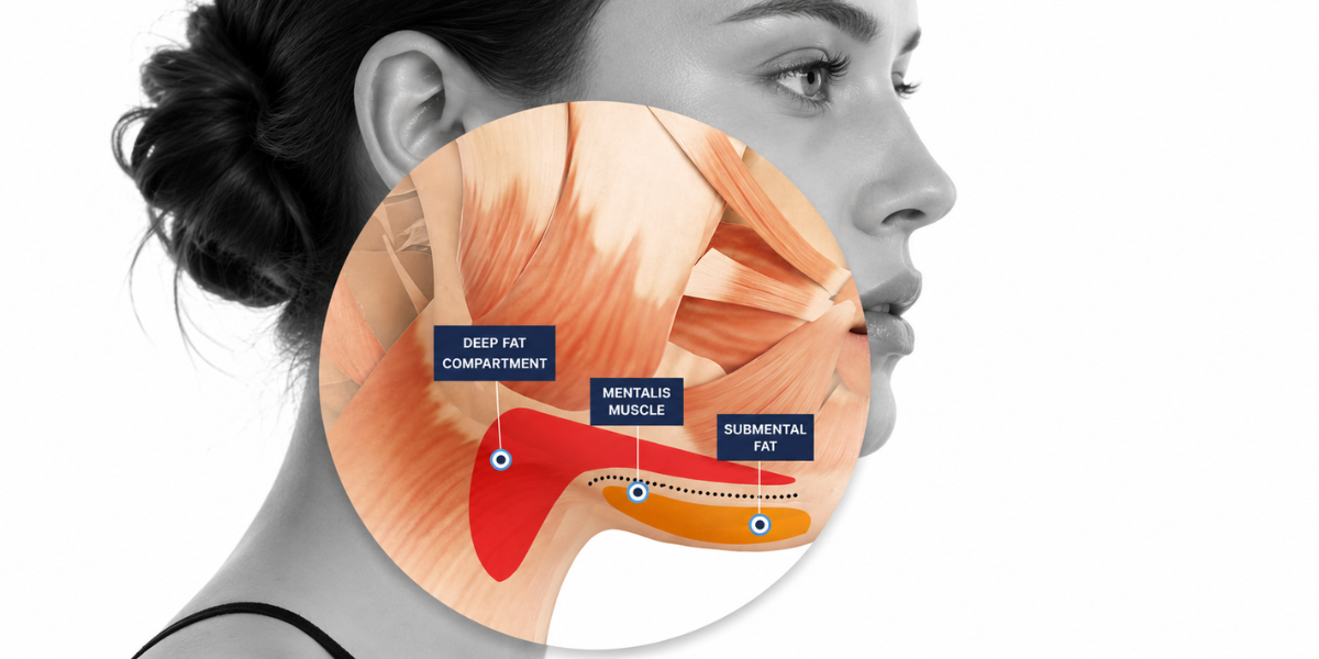 Diagram of what causes a double chin: submental fat, skin laxity, and chin structure