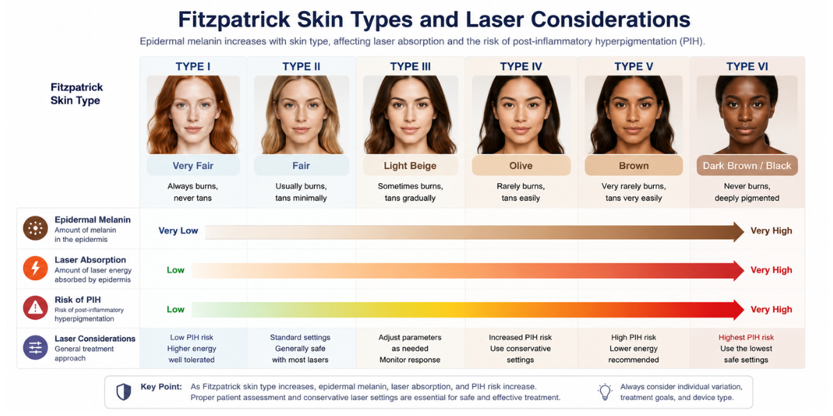 Diagram of why laser settings change for darker skin tones and higher Fitzpatrick skin types