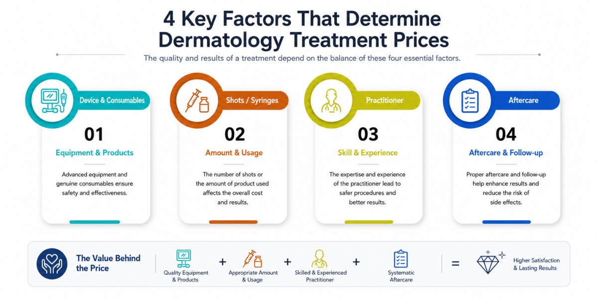 Diagram of the four factors that shape skin treatment cost in Korea