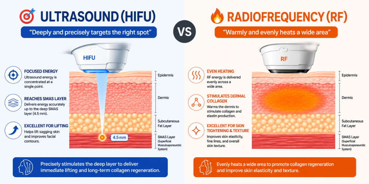 Diagram comparing Ultherapy ultrasound depth with Thermage radiofrequency depth in the skin