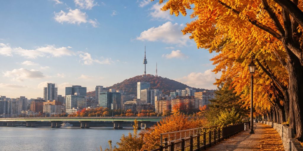 Seoul in autumn, with ginkgo trees along the Han River and N Seoul Tower in the distance