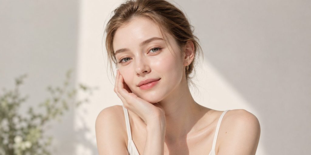 Portrait of a woman resting her cheek on her hand against a bright white wall
