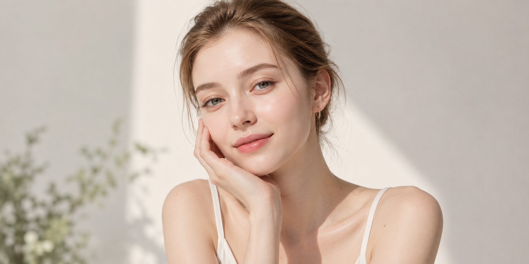 Portrait of a woman resting her cheek on her hand against a bright white wall