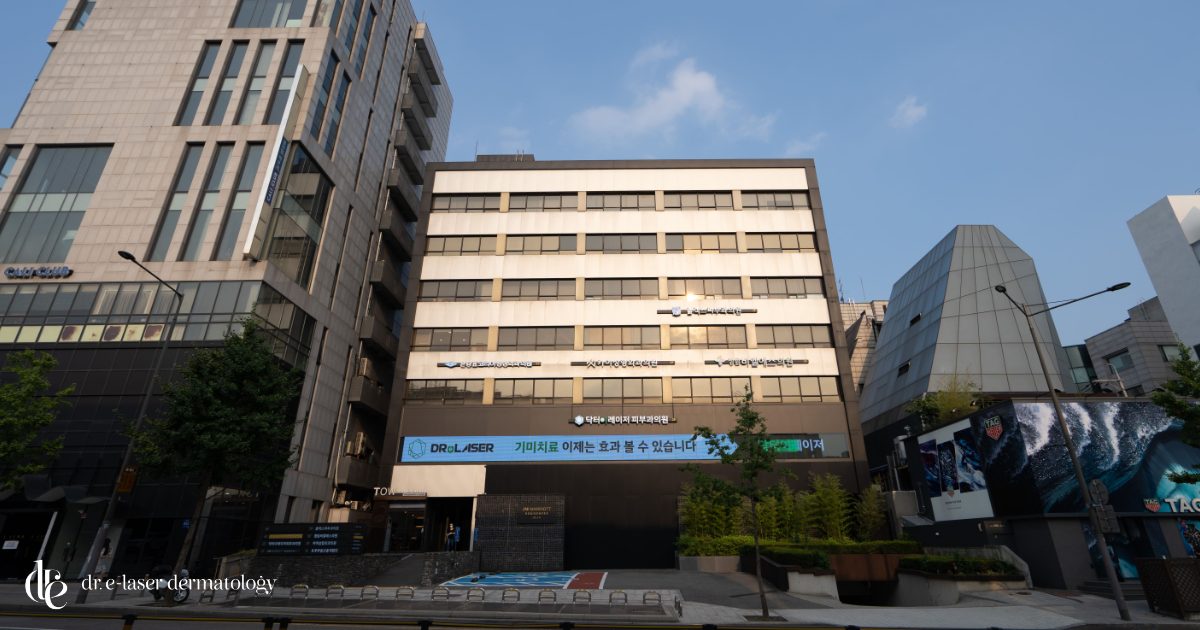 Street view of the Dr. E-Laser Dermatology building in Cheongdam, Seoul