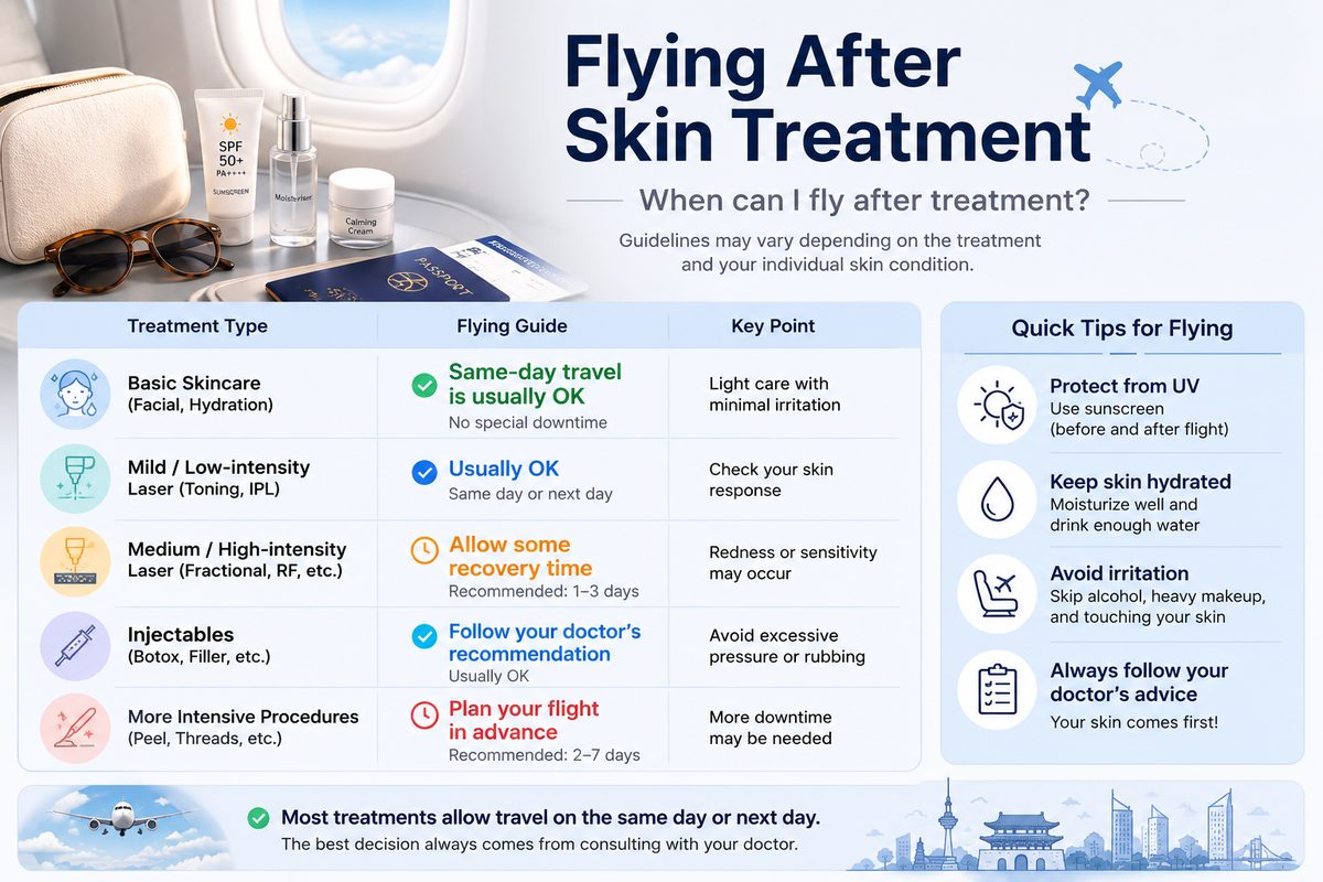 Table of typical waiting times before flying after different skin treatments, with in-flight care tips