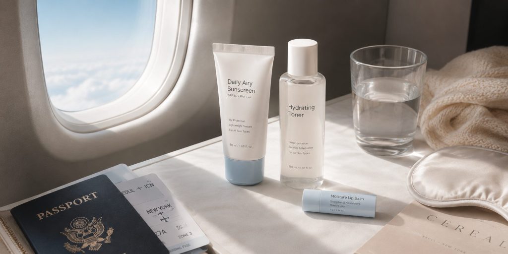Sunscreen, toner and lip balm on an aeroplane tray table beside a cabin window
