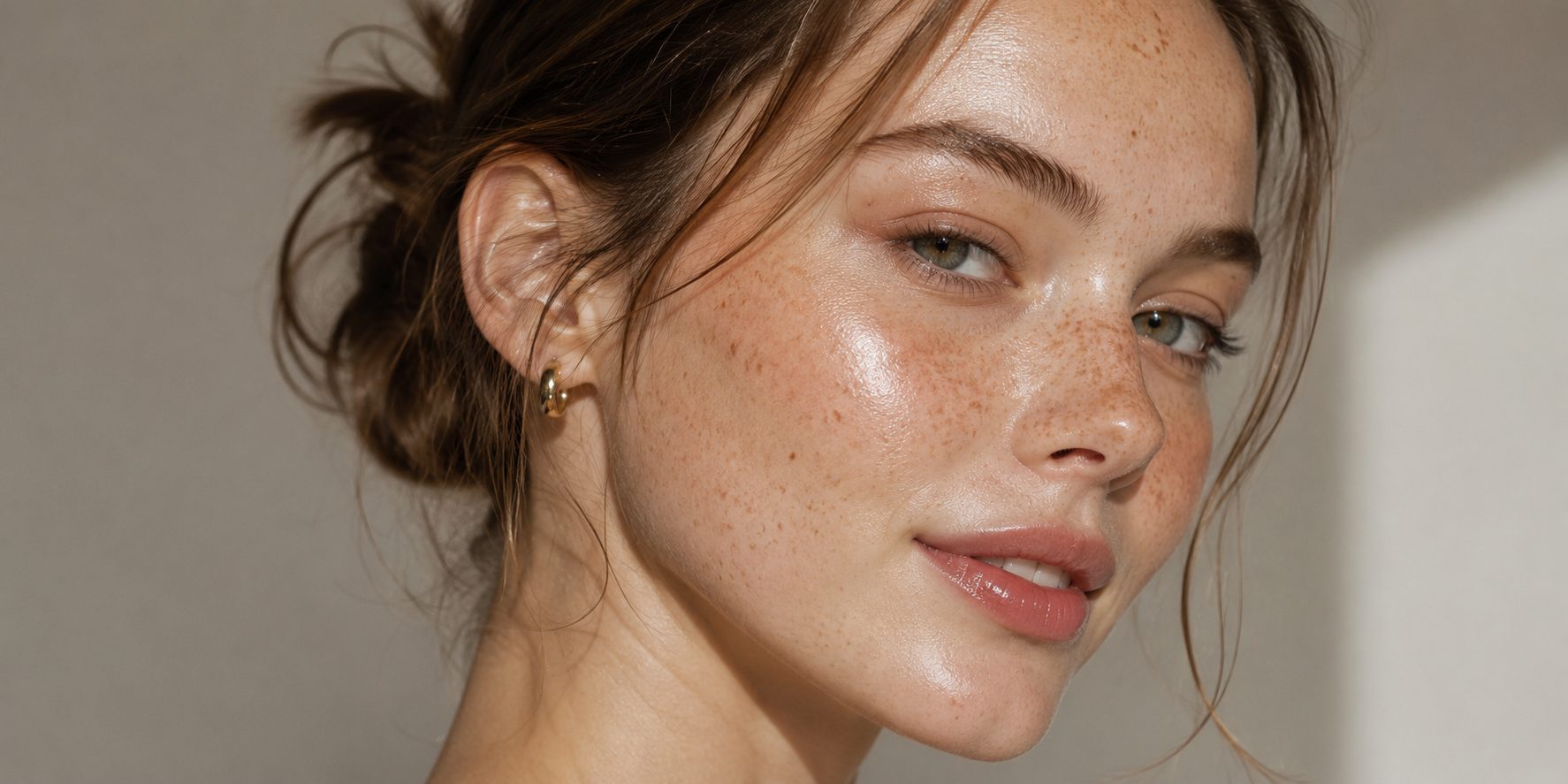Close-up of a woman with natural freckles across her cheeks and nose