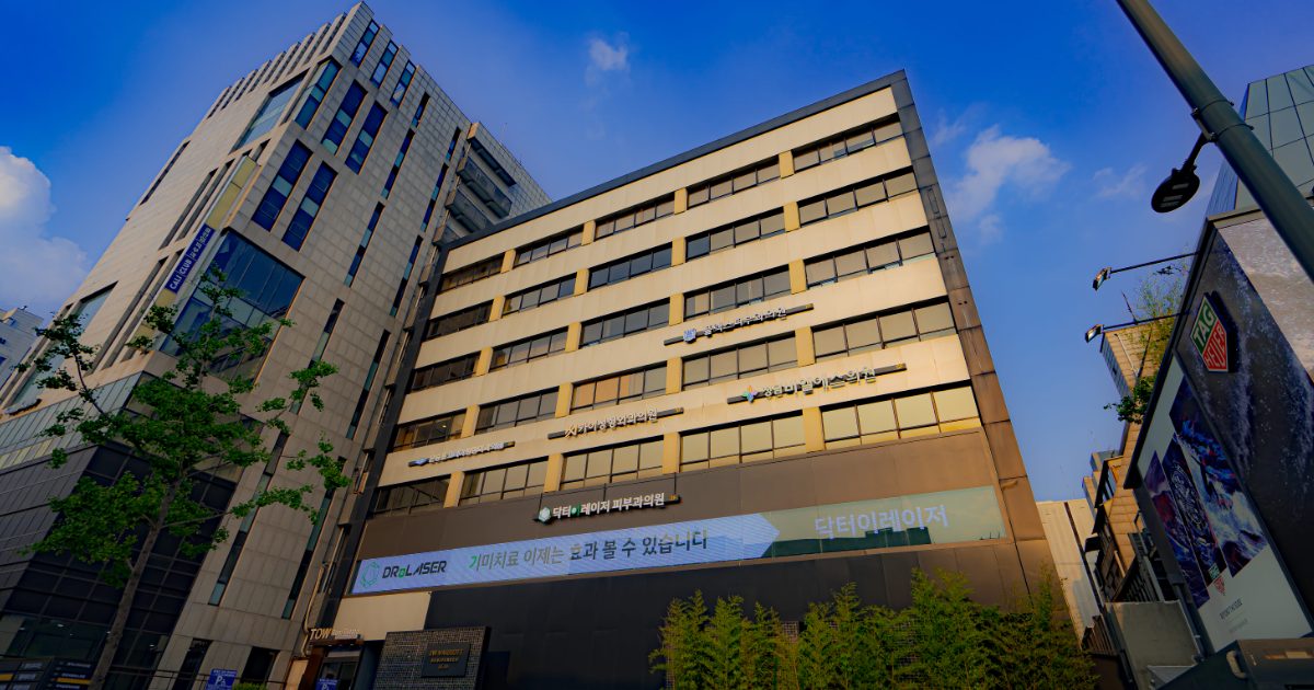 Exterior of the Dr. E-Laser Dermatology building in Cheongdam, Seoul