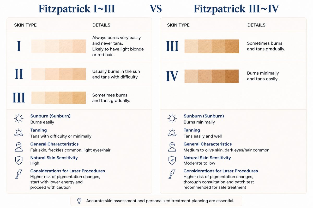 Chart comparing Fitzpatrick skin types I to III and III to IV with laser considerations for each