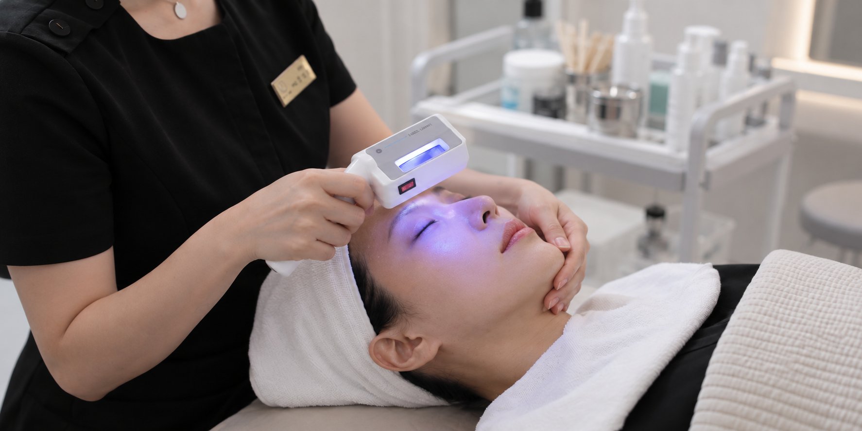 Skin analysis under a Wood's lamp before a treatment plan is chosen at Dr. E-Laser Dermatology
