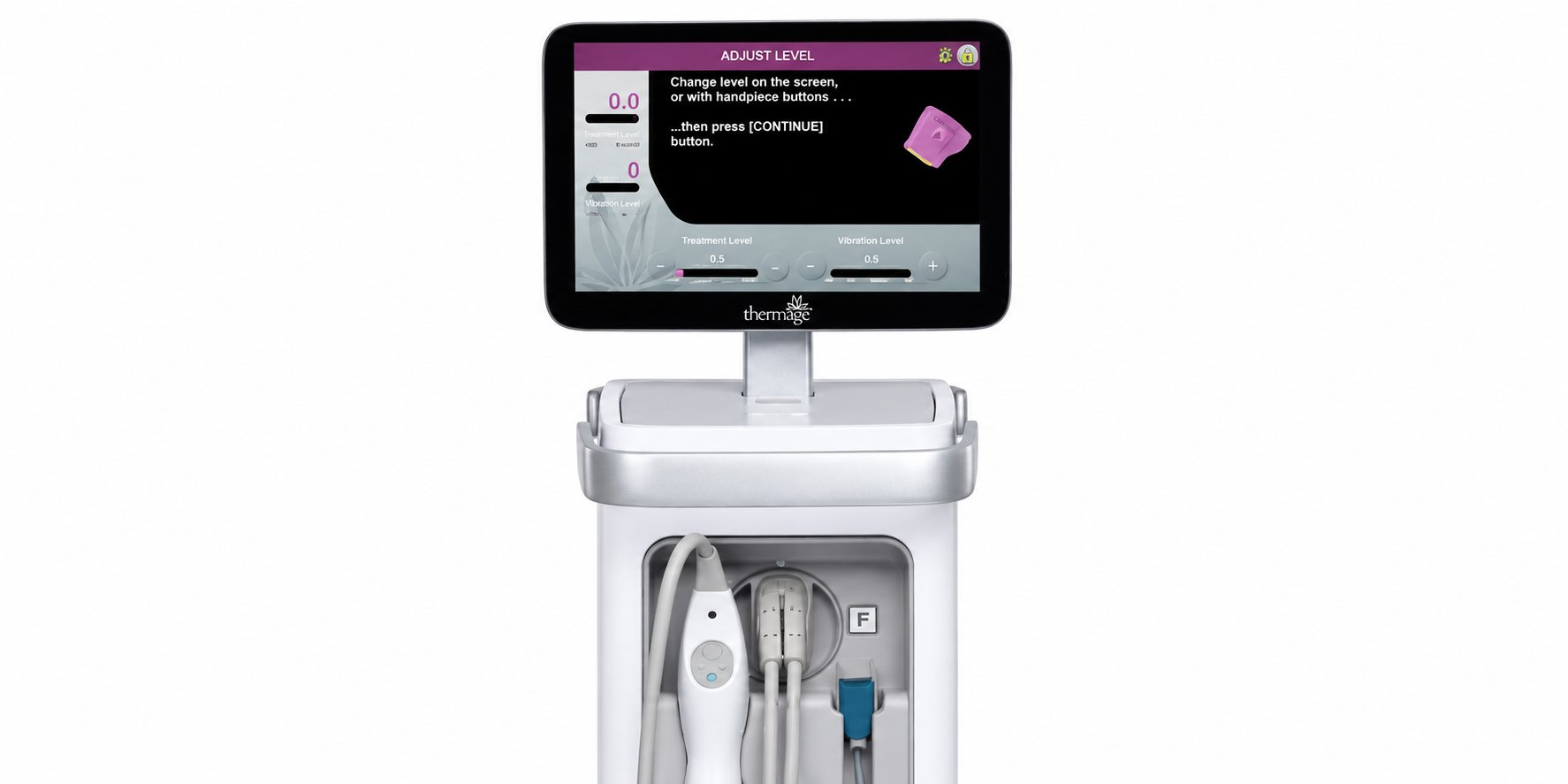 Thermage FLX console showing treatment level and vibration level controls