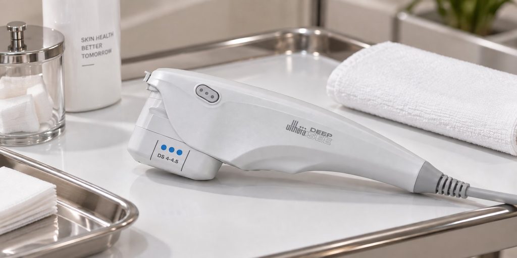 Ultherapy DeepSEE handpiece with a 4.5 mm transducer on a treatment tray