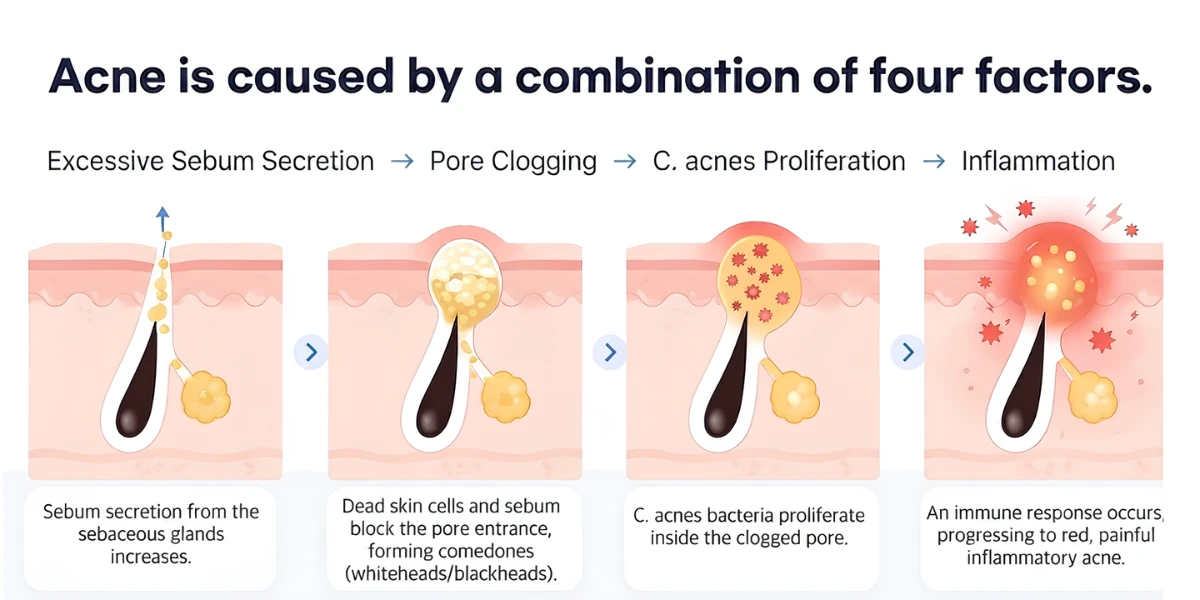 Diagram of what causes acne breakouts: oil, blocked pores, bacteria, and inflammation