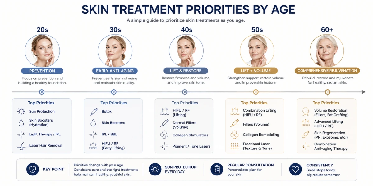 Diagram of anti-aging skin priorities by decade: 30s prevention, 40s early lifting, 50s combined plans