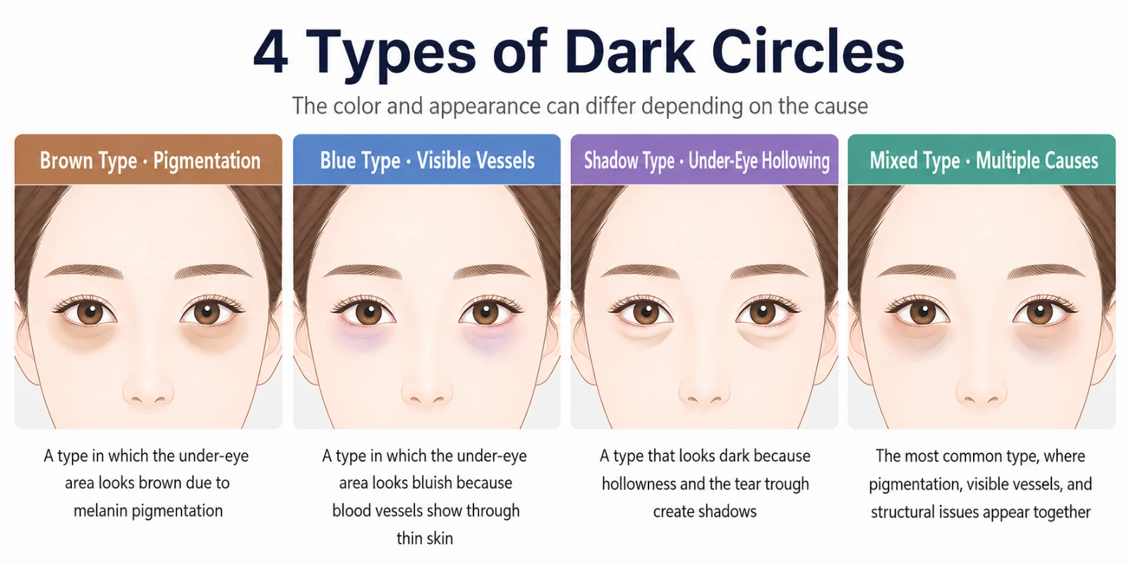 Diagram of the four types of dark circles: pigment, vascular, hollowing and skin quality