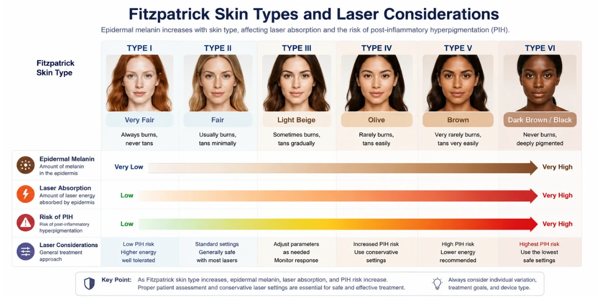 Diagram of why laser settings change for darker skin tones and higher Fitzpatrick skin types