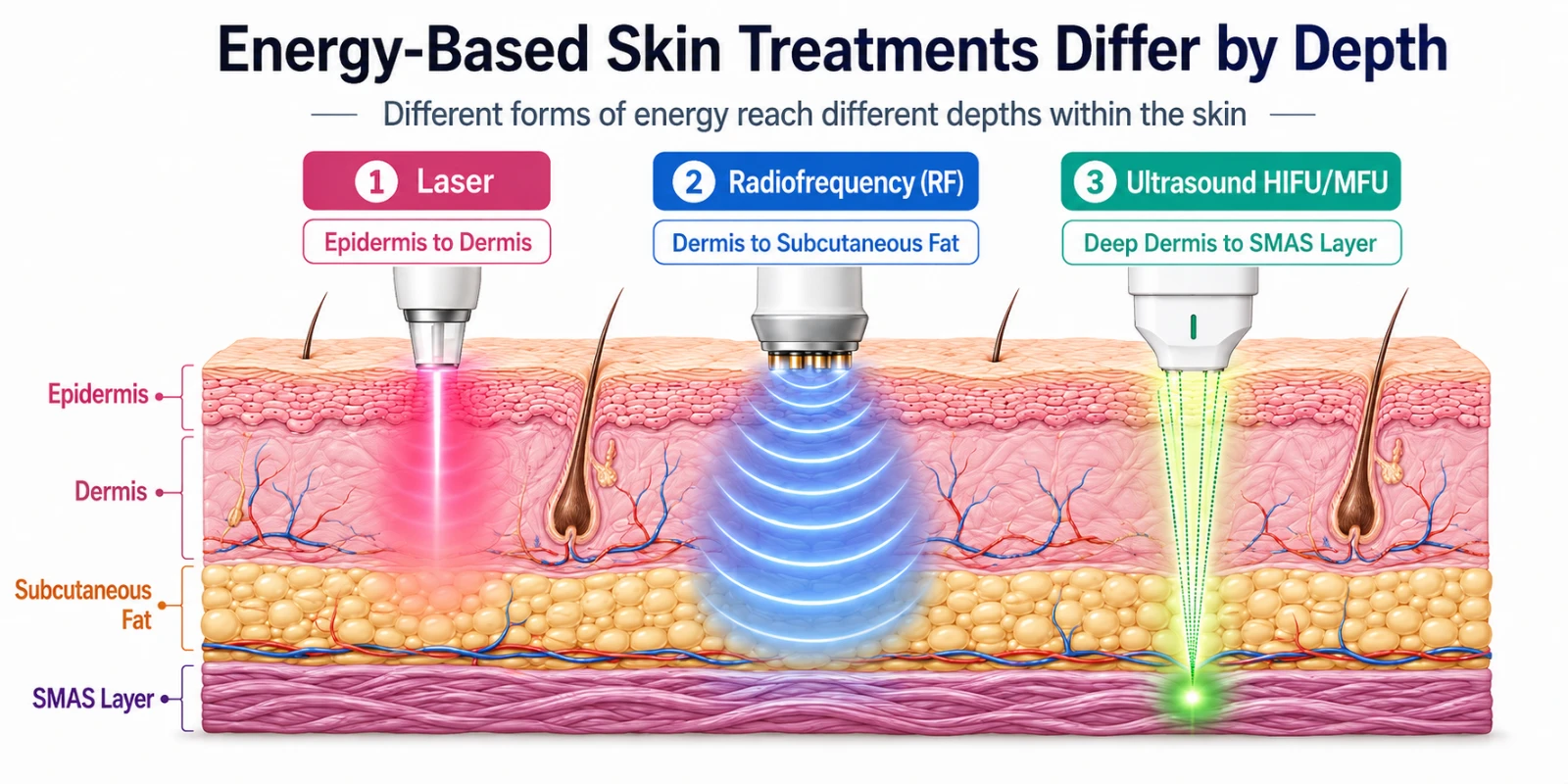 Diagram comparing depths of non-surgical skin tightening by ultrasound, radiofrequency and laser